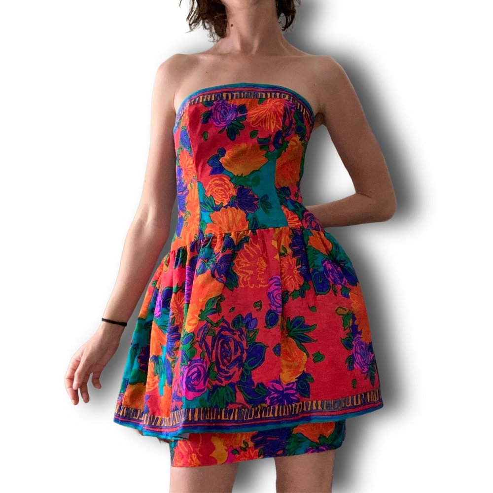Vintage Floral Strapless Mini Dress Silk Peplum 80s